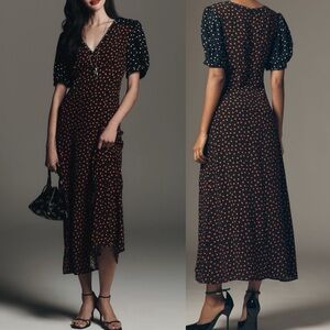 Anthropologie Maeve V-Neck A-Line Maxi Dress Heart Polka Dot NWT M